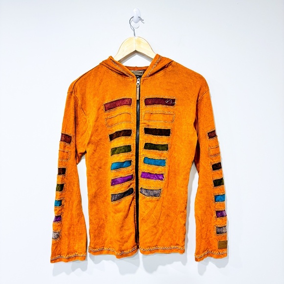 KYBER OUTERWEAR Orange boho patchwork hoodie jacket | Zip-up cotton | Medium * - Picture 1 of 7